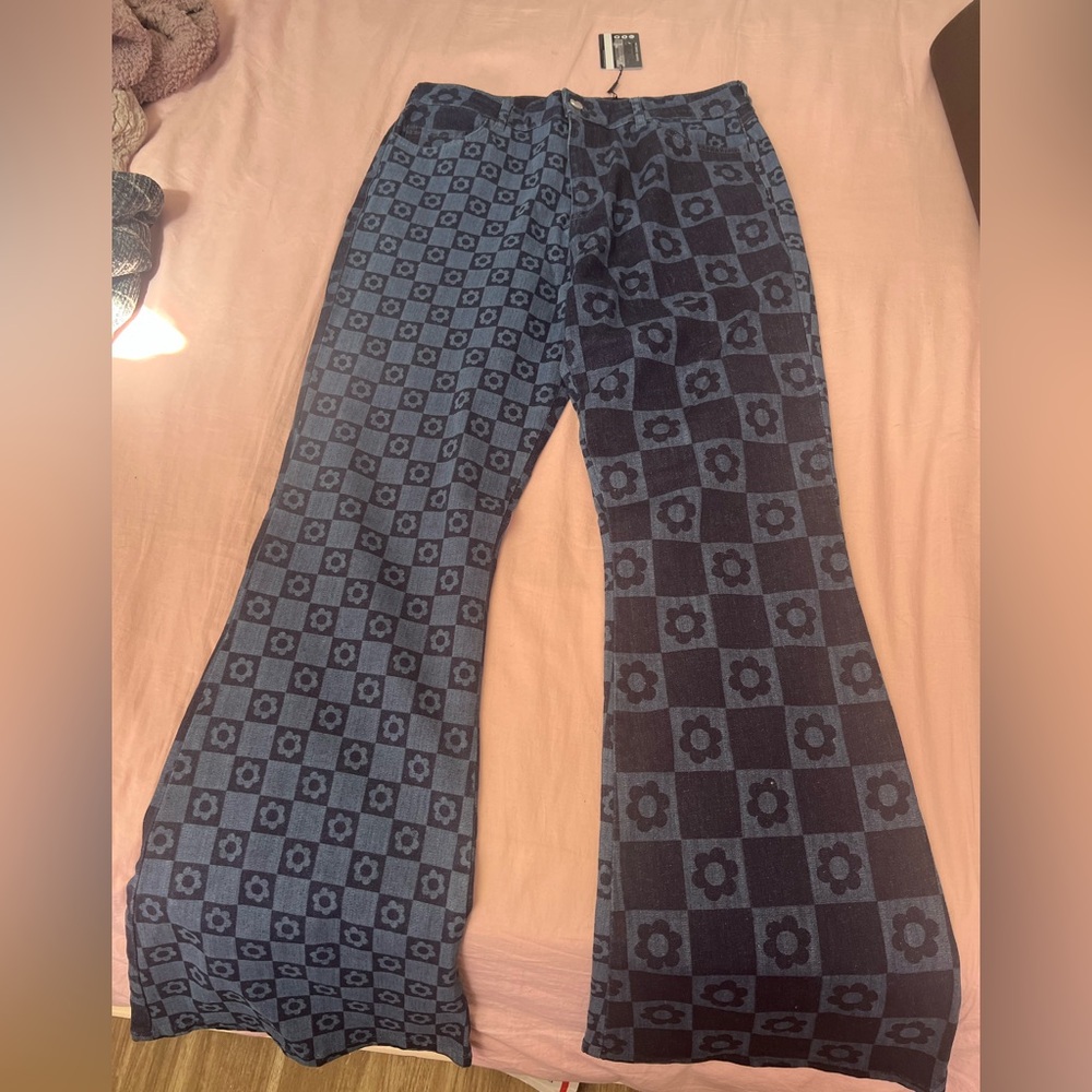 Jaded London Blue and Black Floral Patterned Flare Jeans